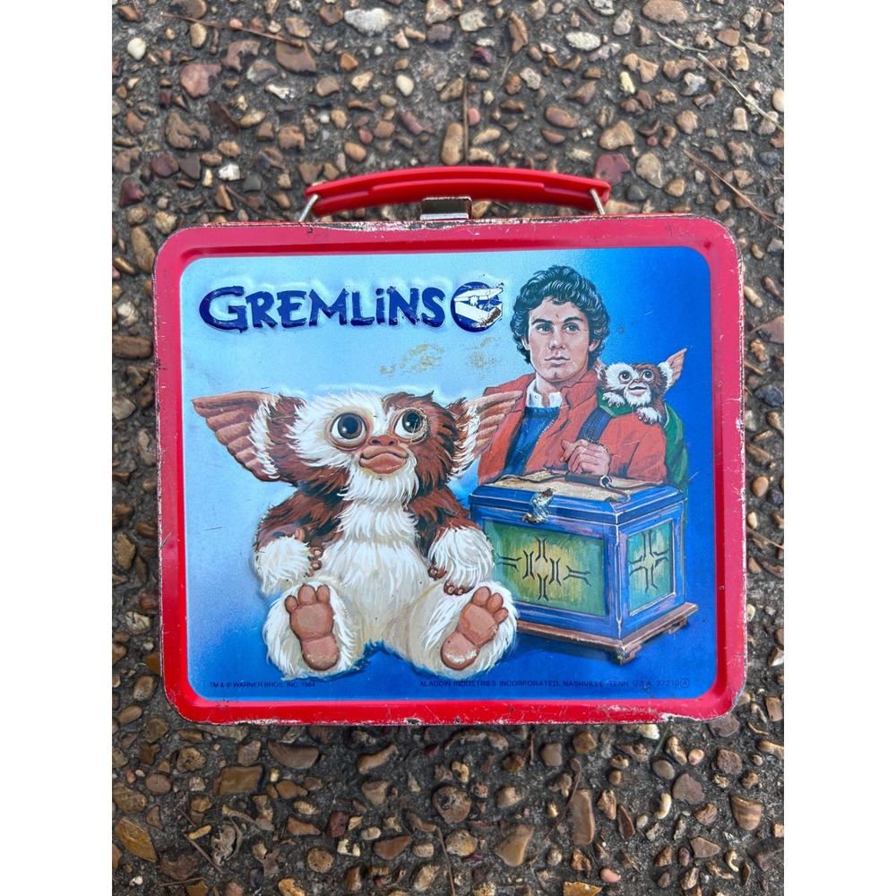 Aladdin Gremlins Metal Lunch Box 1984 Vintage Blue Red‎ Gizmo Stripe Movie Good